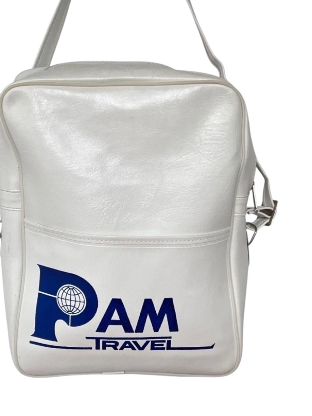 Pam Travel Original Vtg Tote Carry On Bag White Blue Shoulder Strap Airlines